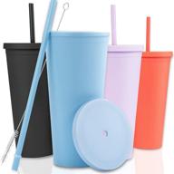 🍹 22oz pastel colored acrylic tumblers with lids and straws (4 pack) - double wall matte plastic bulk cups | including free straw cleaner! customizable diy gifts (pastels) logo