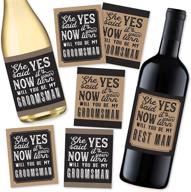 set of 6 groomsman proposal bottle labels + bonus best man proposal label – wine, beer, whiskey, liquor stickers set for wedding engagement party favors and best way to ask your groomsmen logo