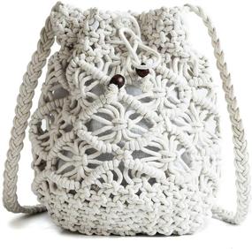 img 3 attached to 👜 Women's Drawstring Crossbody Bag - Beach Handwoven Purse, Small Straw Bucket Bag with Retro Woven Design, Hollow Shoulder Messenger Bag