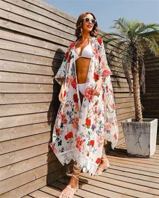 img 3 attached to 👘 Floral Kimono Cardigan: Stylish Long Swimwear Cover Ups for Women by Hibluco