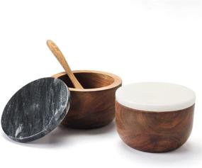 img 4 attached to 🧂 Jalz Jalz Salt and Pepper Cellar Set: Salt Box with Spoon, Wood Base, and Marble Cover