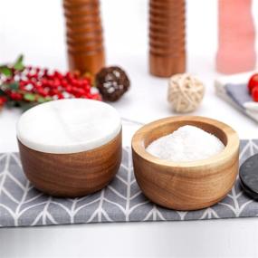 img 2 attached to 🧂 Jalz Jalz Salt and Pepper Cellar Set: Salt Box with Spoon, Wood Base, and Marble Cover