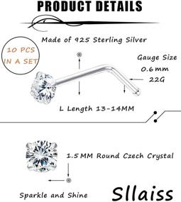 img 2 attached to Sllaiss 10Pcs 22G Sterling Silver Small L Shape Nose Ring Studs with Czech Crystal: Hypoallergenic Curved Nose Piercings for Women and Men - Stylish Body Jewelry Set