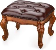 🪑 brown leather ottoman stool: small foot rest for living room with solid rubber wood frame - simple assembly logo