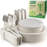 🍃 set of 250 biodegradable paper plates (with longer utensils), disposable eco-friendly dinnerware set, compostable plates and utensils including forks, knives, and spoons for parties, camping, picnics logo