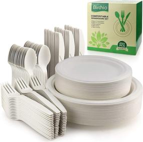 img 4 attached to 🍃 Set of 250 Biodegradable Paper Plates (with Longer Utensils), Disposable Eco-Friendly Dinnerware Set, Compostable Plates and Utensils including Forks, Knives, and Spoons for Parties, Camping, Picnics