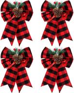 🎄 syhood 4-piece christmas bows set - buffalo plaid bow wreath ribbon with pine cones - buffalo check bow for christmas tree decoration, indoor & outdoor crafts (black and red) logo