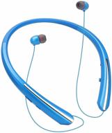 reliable bluetooth neckband headphones: retractable earbuds, wireless sports headset with noise cancelling, mic. compatible with iphone, android, samsung, ipad, pc - blue logo