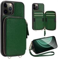 📱 zve wallet case for iphone 12 pro max - protective leather cover with card holder slot and wrist strap handbag - dark green logo