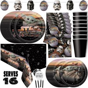 img 3 attached to 🥳 Mandalorian Themed Baby Yoda Party Supplies and Decorations - Complete Party Kit for Birthday Child - Serves 16 - Inclusive of Banner Decoration, Table Cover, Plates and More