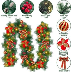 img 3 attached to 🎄 9-Ft Pre-lit Christmas Garland with 100 LED Lights, Timer, 5 Poinsettias, 8 Modes, 4 Christmas Balls, 4 Bows, 18 Pinecones, 30 Pine Needles, 198 Red Berries - Battery Operated Indoor Home Decoration