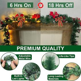 img 1 attached to 🎄 9-Ft Pre-lit Christmas Garland with 100 LED Lights, Timer, 5 Poinsettias, 8 Modes, 4 Christmas Balls, 4 Bows, 18 Pinecones, 30 Pine Needles, 198 Red Berries - Battery Operated Indoor Home Decoration