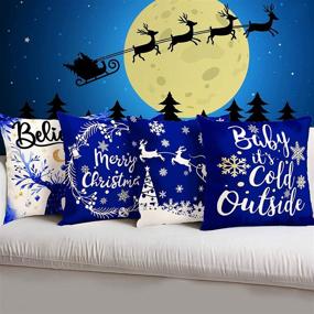 img 1 attached to Decorative Blue Christmas Pillow Covers: Hexagram 18x18 Set of 4 Winter Blue Christmas Decorations for Couch Sofa Living Room Outdoor - Merry Christmas Snowflake Deer Home Decor