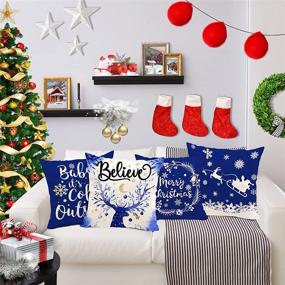 img 3 attached to Decorative Blue Christmas Pillow Covers: Hexagram 18x18 Set of 4 Winter Blue Christmas Decorations for Couch Sofa Living Room Outdoor - Merry Christmas Snowflake Deer Home Decor