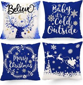 img 4 attached to Decorative Blue Christmas Pillow Covers: Hexagram 18x18 Set of 4 Winter Blue Christmas Decorations for Couch Sofa Living Room Outdoor - Merry Christmas Snowflake Deer Home Decor