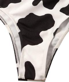 img 2 attached to Cow Print Cut Out Rib Knit One Piece Swimsuit Ring Monokini for Women by WDIRARA