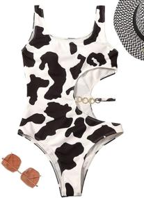 img 1 attached to Cow Print Cut Out Rib Knit One Piece Swimsuit Ring Monokini for Women by WDIRARA