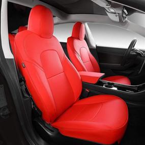 img 4 attached to Xipoo Fit Tesla Model 3 Model Y Car Seat Cover PU Leather Cover All Season Protection For Tesla Model 3 2017-2021 Model Y 2020 2021 (Red-PU