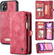 📱 zttopo iphone 11 wallet case, 2-in-1 leather zipper detachable magnetic, 11 card slots, money pocket clutch cover with screen protector for 6.1 inch iphone case (red) logo