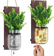 🏡 tj.moree rustic mason jar sconces with pull chain switch, eucalyptus leaves and led strip lights design for farmhouse wall decor - reddish brown (set of 2) логотип