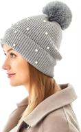 soft fleece lined women's winter knitted beanie hat with faux fur pom pom for warmth logo