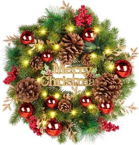 img 4 attached to 🎄 Quntis Merry Christmas Wreath: 16 Inch Artificial Front Door Decoration with 40 Lights, PineCones, Berries, and Ornaments for Outdoor/Indoor Winter Xmas Decor