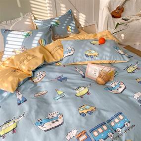 img 2 attached to 🚂 BlueBlue Train Kids Duvet Cover Set Twin - Fun Cartoon Transportation Theme, 100% Cotton Bedding for Boys, Girls, and Teens - Includes 1 Comforter Cover and 2 Pillowcases - Perfect for Twin Beds