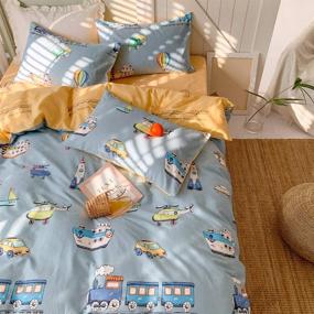 img 1 attached to 🚂 BlueBlue Train Kids Duvet Cover Set Twin - Fun Cartoon Transportation Theme, 100% Cotton Bedding for Boys, Girls, and Teens - Includes 1 Comforter Cover and 2 Pillowcases - Perfect for Twin Beds