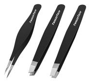 professional grade stainless steel tweezers set - precision, slant, flat - black - best kit for women and men, eyebrow, ingrown hair, splinter, model, grooming & hobby - tweezetech+ logo