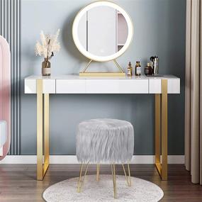 img 3 attached to 🪑 Wnutrees Grey Fur Vanity Stool Chair: Modern Luxe Footrest Ottoman with Golden Metal Legs and Compact Padded Seat for Bedroom Makeup and Home Storage