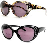 bifocal cateye sunglasses set for women: stylish rhinestone readers with 2 pouches included logo