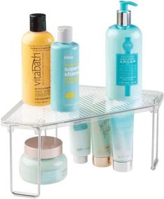 img 1 attached to 🛁 mDesign Clear Plastic/Steel Corner Stackable Rack - Ligne Collection - 4 Pack - Bathroom, Vanity, Kitchen Organizer Shelf for Makeup, Shower Accessories - Cabinet, Countertop, Sink Storage