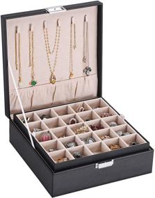 img 4 attached to 📿 BEWISHOME Earring Organizer Holder for Cufflinks, Rings, Pendants, and Chain - 50 Slots Case, 6 Necklace Hooks, 2 Stackable Trays - Elegant Jewelry Storage Box for Girls and Women, Black Faux Leather - SSH11B