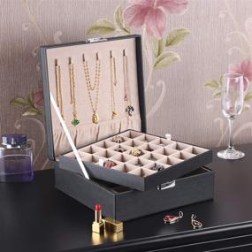 img 3 attached to 📿 BEWISHOME Earring Organizer Holder for Cufflinks, Rings, Pendants, and Chain - 50 Slots Case, 6 Necklace Hooks, 2 Stackable Trays - Elegant Jewelry Storage Box for Girls and Women, Black Faux Leather - SSH11B