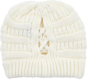 img 1 attached to Women's Soft Stretch Cable Knit Messy Bun Ponytail Beanie Hat (MB-20A)(CCB-1) by C.C Exclusives - Winter