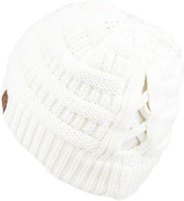 img 3 attached to Women's Soft Stretch Cable Knit Messy Bun Ponytail Beanie Hat (MB-20A)(CCB-1) by C.C Exclusives - Winter