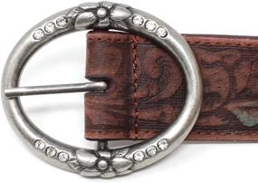 img 2 attached to Teal Leather Belt in Distressed Brown with Embossed Detailing, Rhinestone-Embellished Ring Buckle