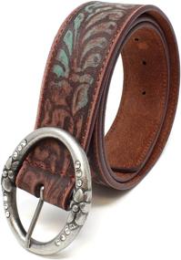 img 1 attached to Teal Leather Belt in Distressed Brown with Embossed Detailing, Rhinestone-Embellished Ring Buckle