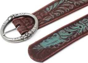 img 3 attached to Teal Leather Belt in Distressed Brown with Embossed Detailing, Rhinestone-Embellished Ring Buckle