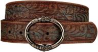 teal leather belt in distressed brown with embossed detailing, rhinestone-embellished ring buckle logo