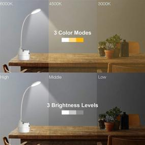 img 3 attached to 💡 TANOSEE LED Desk Lamp - USB Charging Port, 3 Color Modes, 3 Dimming Levels, Pen Holder, 360° Flexible Gooseneck - White Small Table Lamp for Home, Office, and Reading