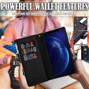 img 2 attached to Kudex iPhone 12 Pro Max Wallet Case with Card Holder, Sparkly Glitter Flip PU Leather Magnetic Kickstand Zipper Wallet Case with Card Slot Wrist Strap for iPhone 12 Pro Max 6.7inch 5G (Black)