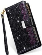 kudex iphone 12 pro max wallet case with card holder, sparkly glitter flip pu leather magnetic kickstand zipper wallet case with card slot wrist strap for iphone 12 pro max 6.7inch 5g (black) logo