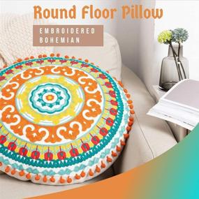 img 3 attached to 🌈 Colorful Embroidered Bohemian Round Floor Pillow - Ethnic Boho Cotton Cushion for Living Room, Bedroom, Balcony, Yoga Room, Car, Office, and Outdoor - Home Decor Pouf Ottoman (Approximately 18 inches)