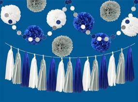 img 2 attached to 🎉 26pcs Royal Blue Gray White Baby Shower Birthday Wedding Tissue Paper Pom Pom Party Decoration Kit - 12 inch 10 inch 8 inch