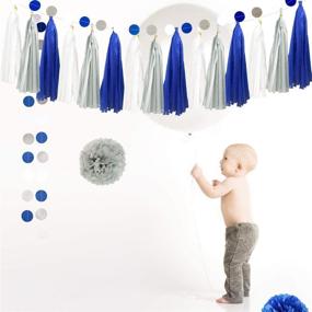 img 1 attached to 🎉 26pcs Royal Blue Gray White Baby Shower Birthday Wedding Tissue Paper Pom Pom Party Decoration Kit - 12 inch 10 inch 8 inch