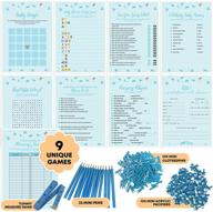 dessie baby shower games for boys - ultimate boy baby shower set with 9 unique games, 25 pens, decorations, and 100 mini clothespins + 100 mini acrylic pacifiers logo
