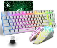 wireless gaming keyboard and mouse combo with 87 key rainbow led backlight rechargeable 3800mah battery mechanical feel anti-ghosting ergonomic waterproof rgb mute mice for computer pc gamer (white) logo