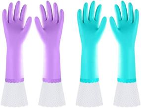img 4 attached to 🧤 2 Pairs of Medium-Sized Kitchen Gloves - Reusable Long Cuff Dishwashing Cleaning Gloves | Latex-Free, Cotton Lined (Purple+Blue)