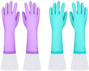 img 3 attached to 🧤 2 Pairs of Medium-Sized Kitchen Gloves - Reusable Long Cuff Dishwashing Cleaning Gloves | Latex-Free, Cotton Lined (Purple+Blue)